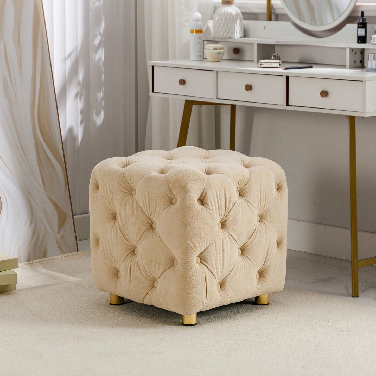 Stylish Velvet Upholstered Ottoman Small End Table Soft Foot Stool Makeup Chair Comfortable Accent Seat for Living Room Bedroom Entryway