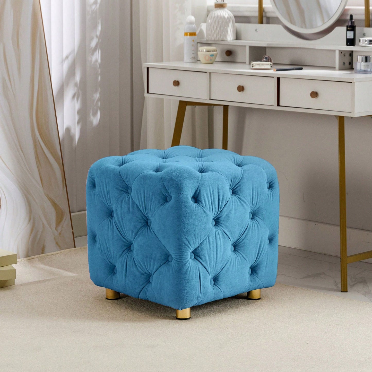 Stylish Velvet Upholstered Ottoman Small End Table Soft Foot Stool Makeup Chair Comfortable Accent Seat for Living Room Bedroom Entryway