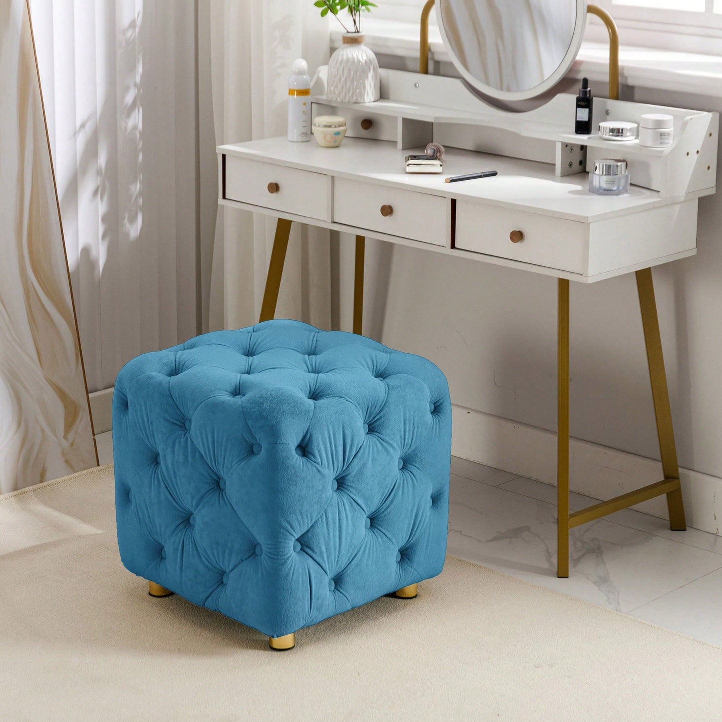 Stylish Velvet Upholstered Ottoman Small End Table Soft Foot Stool Makeup Chair Comfortable Accent Seat for Living Room Bedroom Entryway