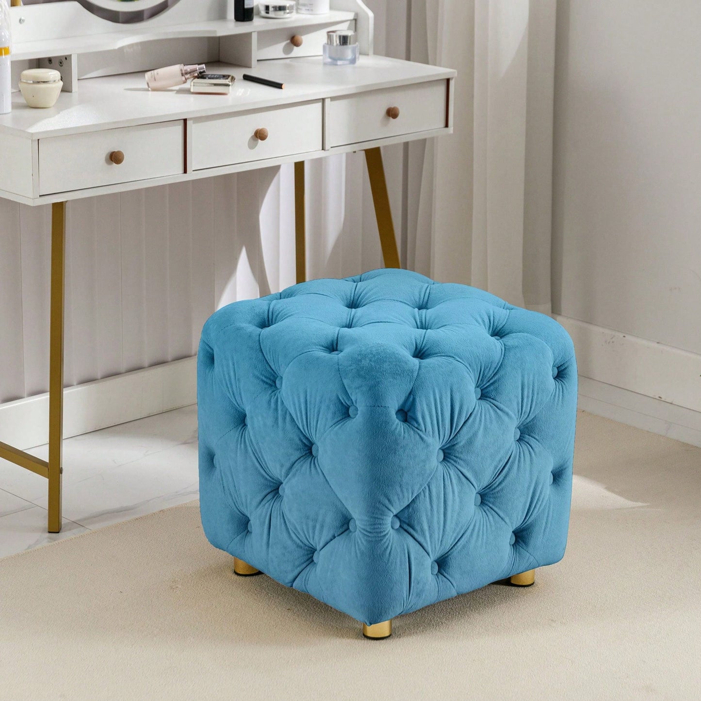 Stylish Velvet Upholstered Ottoman Small End Table Soft Foot Stool Makeup Chair Comfortable Accent Seat for Living Room Bedroom Entryway