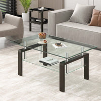 2-Layers Coffee Table Living Room Center Table, Tempered Clear Glass Coffee Table