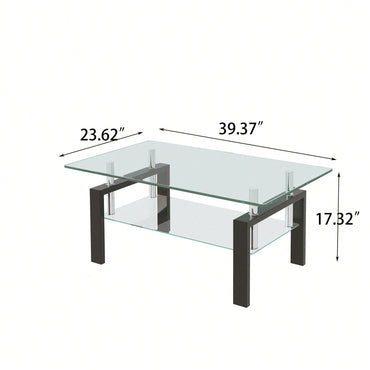 2-Layers Coffee Table Living Room Center Table, Tempered Clear Glass Coffee Table