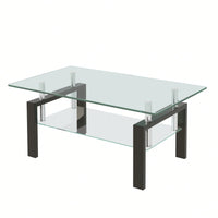 2-Layers Coffee Table Living Room Center Table, Tempered Clear Glass Coffee Table