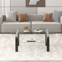 2-Layers Coffee Table Living Room Center Table, Tempered Clear Glass Coffee Table