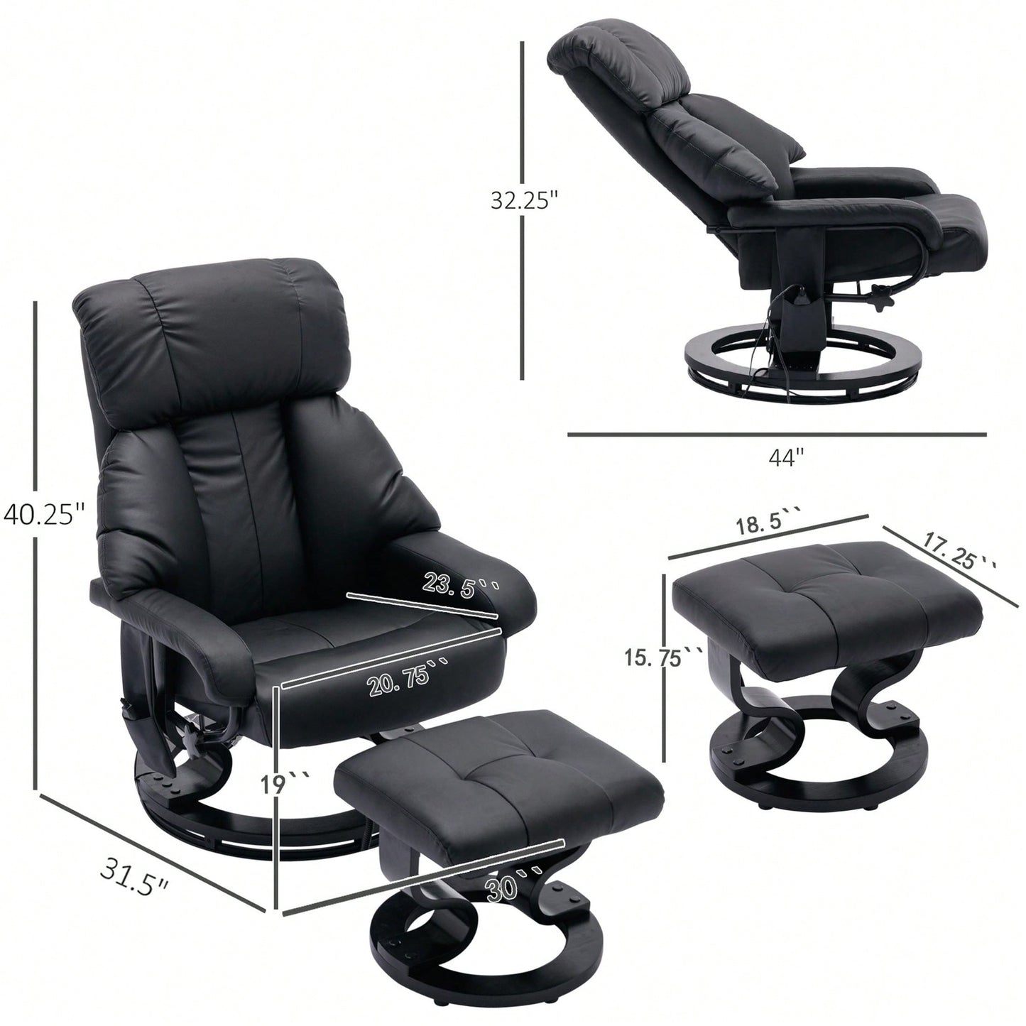 Recliner With Ottoman Footrest, Recliner Chair With Vibration Massage, Faux Leather And Swivel Wood Base For Living Room And Bedroom