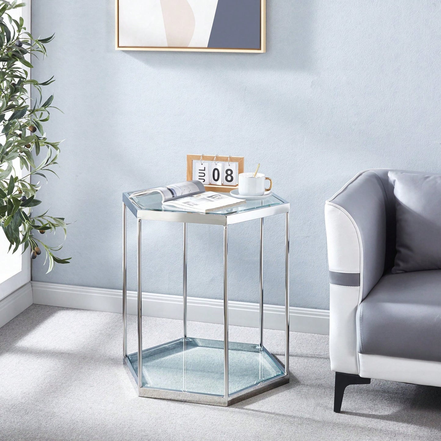 Modern Glass End Table With Gold Finish Stainless Steel Frame