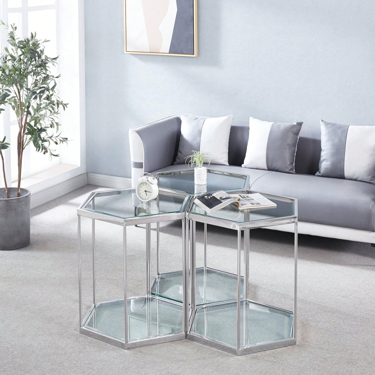 Modern Glass End Table With Gold Finish Stainless Steel Frame