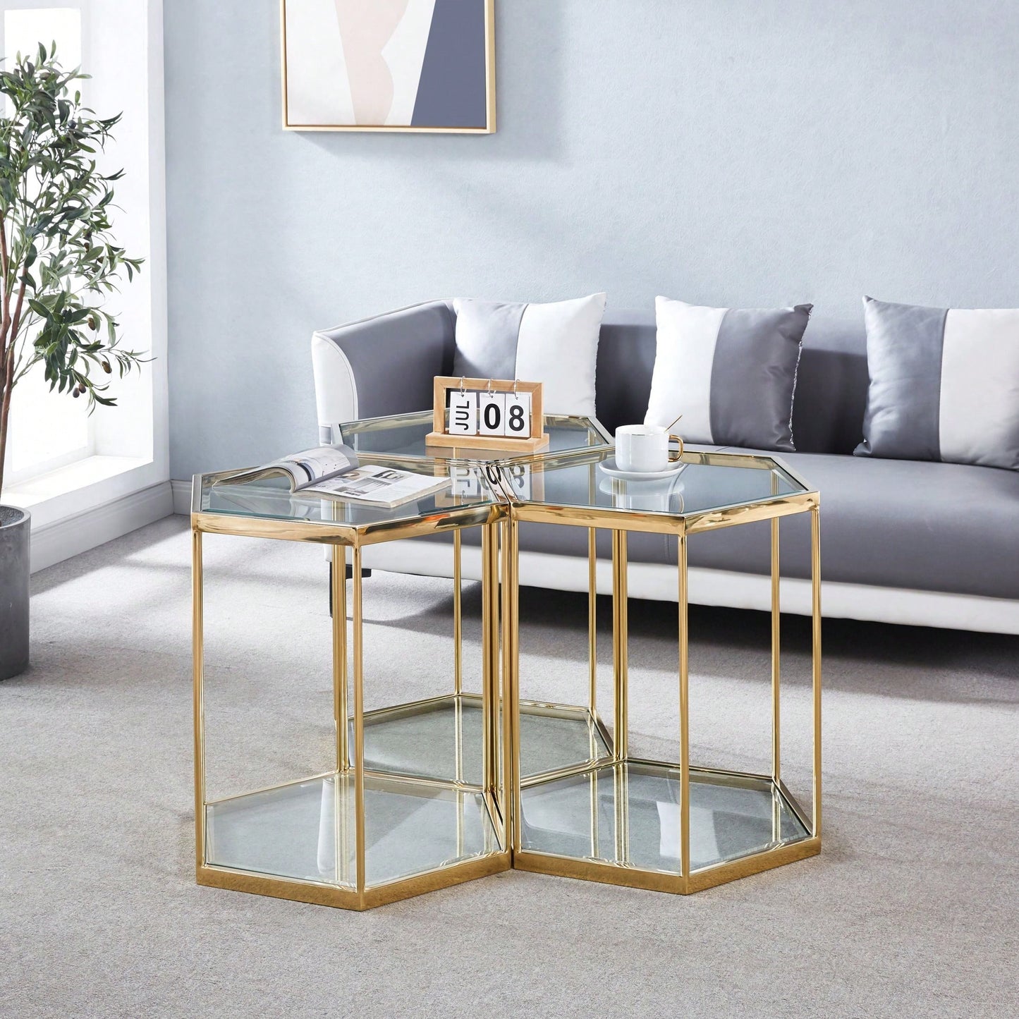 Modern Glass End Table With Gold Finish Stainless Steel Frame