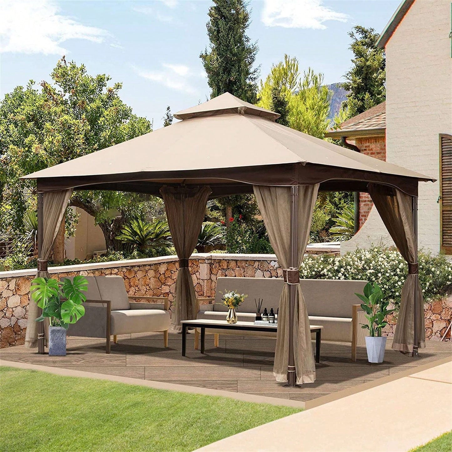 10x13 Metal Frame Outdoor Gazebo with Mosquito Netting Double Roof Canopy for Deck Backyard Garden