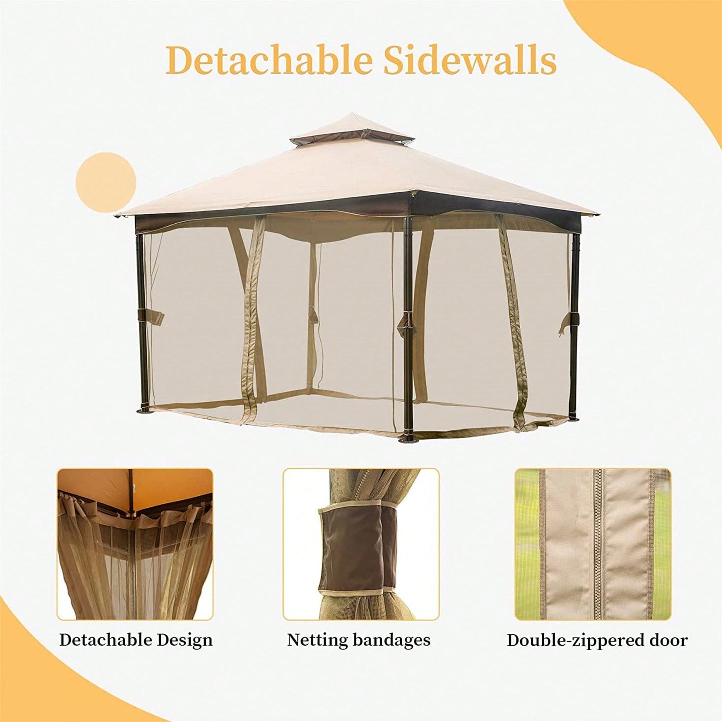 10x13 Metal Frame Outdoor Gazebo with Mosquito Netting Double Roof Canopy for Deck Backyard Garden