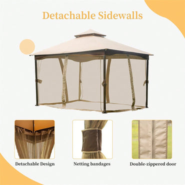 10x13 Metal Frame Outdoor Gazebo with Mosquito Netting Double Roof Canopy for Deck Backyard Garden