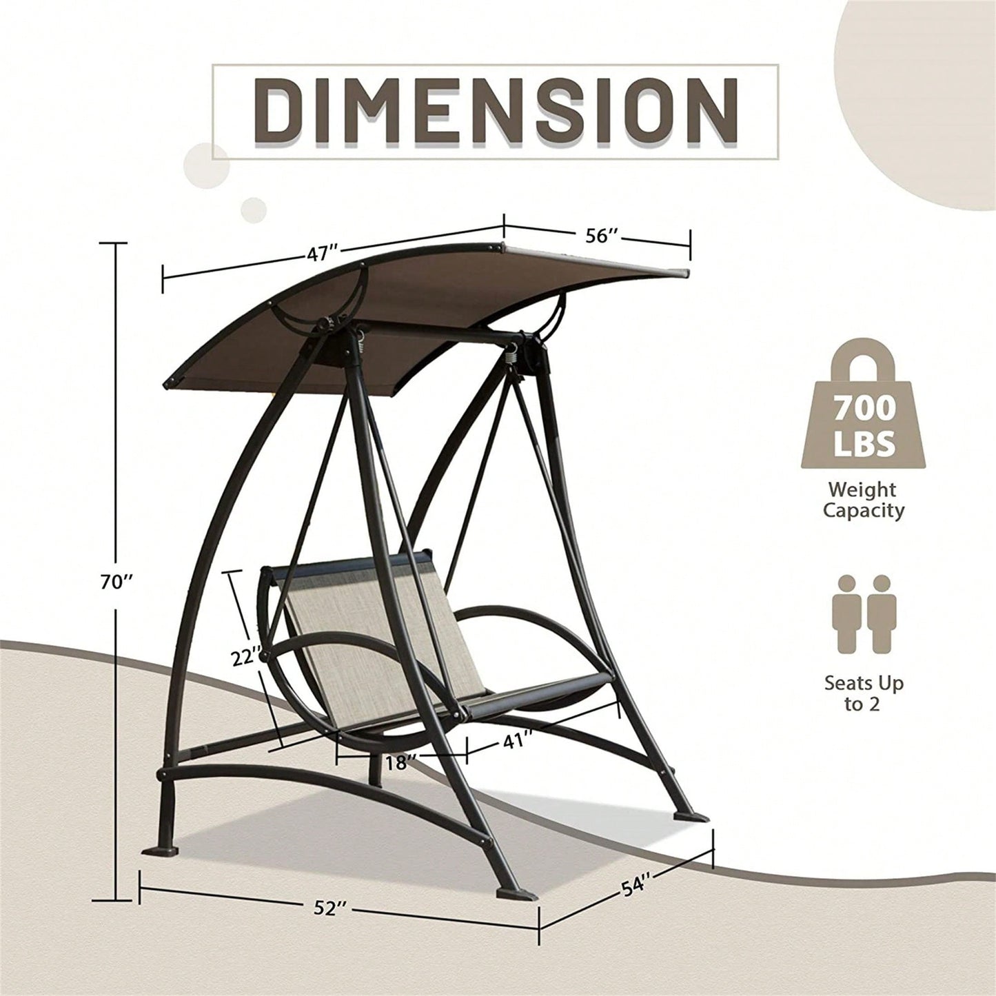 2-Seat Outdoor Patio Swing Chair with Adjustable Canopy and Sturdy Steel Frame for Garden Deck and Backyard Relaxation