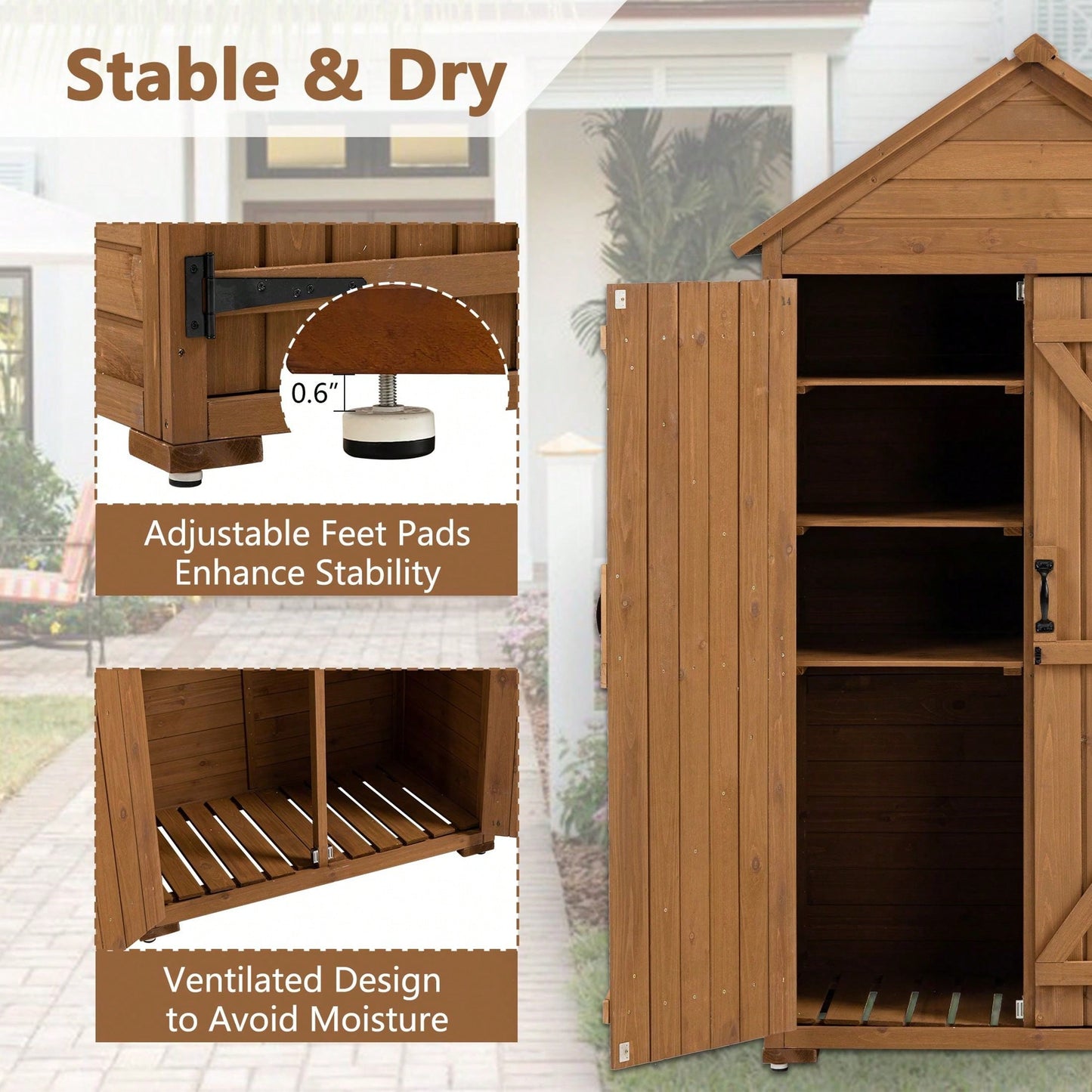 Outdoor Storage Cabinet, Garden Wood Tool Shed, Outside Wooden Shed Closet With Shelves And Latch