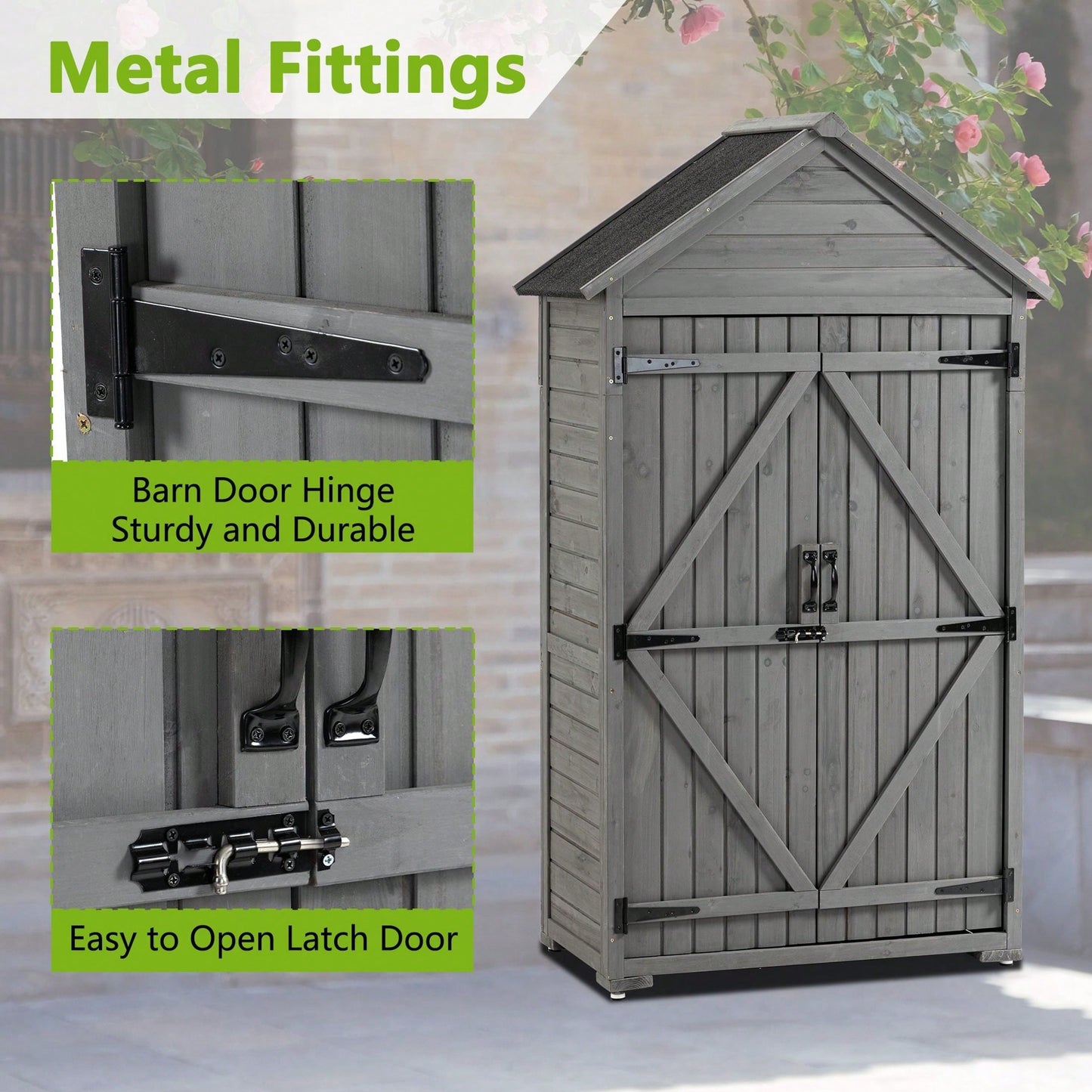 Outdoor Storage Cabinet, Garden Wood Tool Shed, Outside Wooden Shed Closet With Shelves And Latch