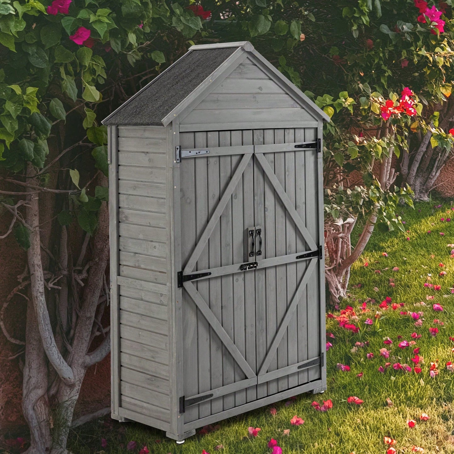 Outdoor Storage Cabinet, Garden Wood Tool Shed, Outside Wooden Shed Closet With Shelves And Latch