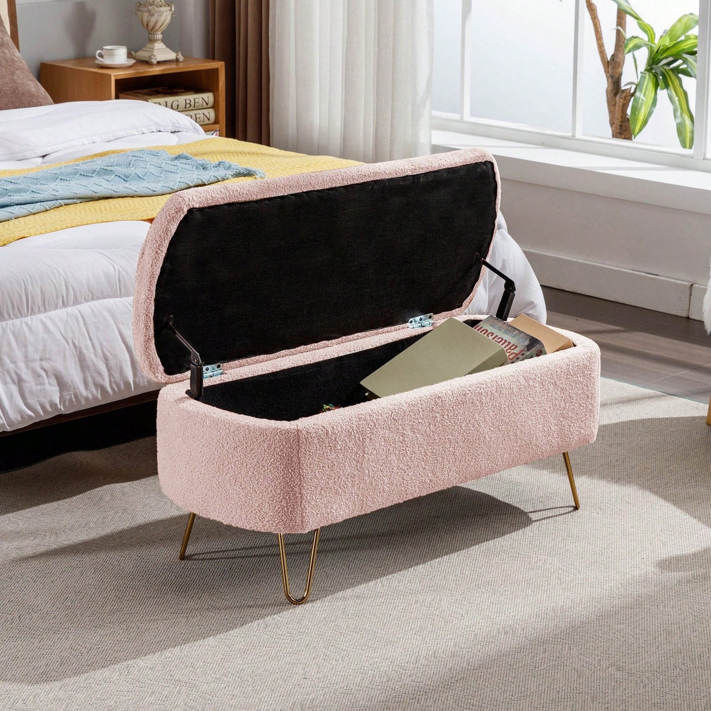 Storage Ottoman Bench For End Of Bed, Modern Grey Entryway Bench Upholstered Padded With Storage For Living Room Bedroom