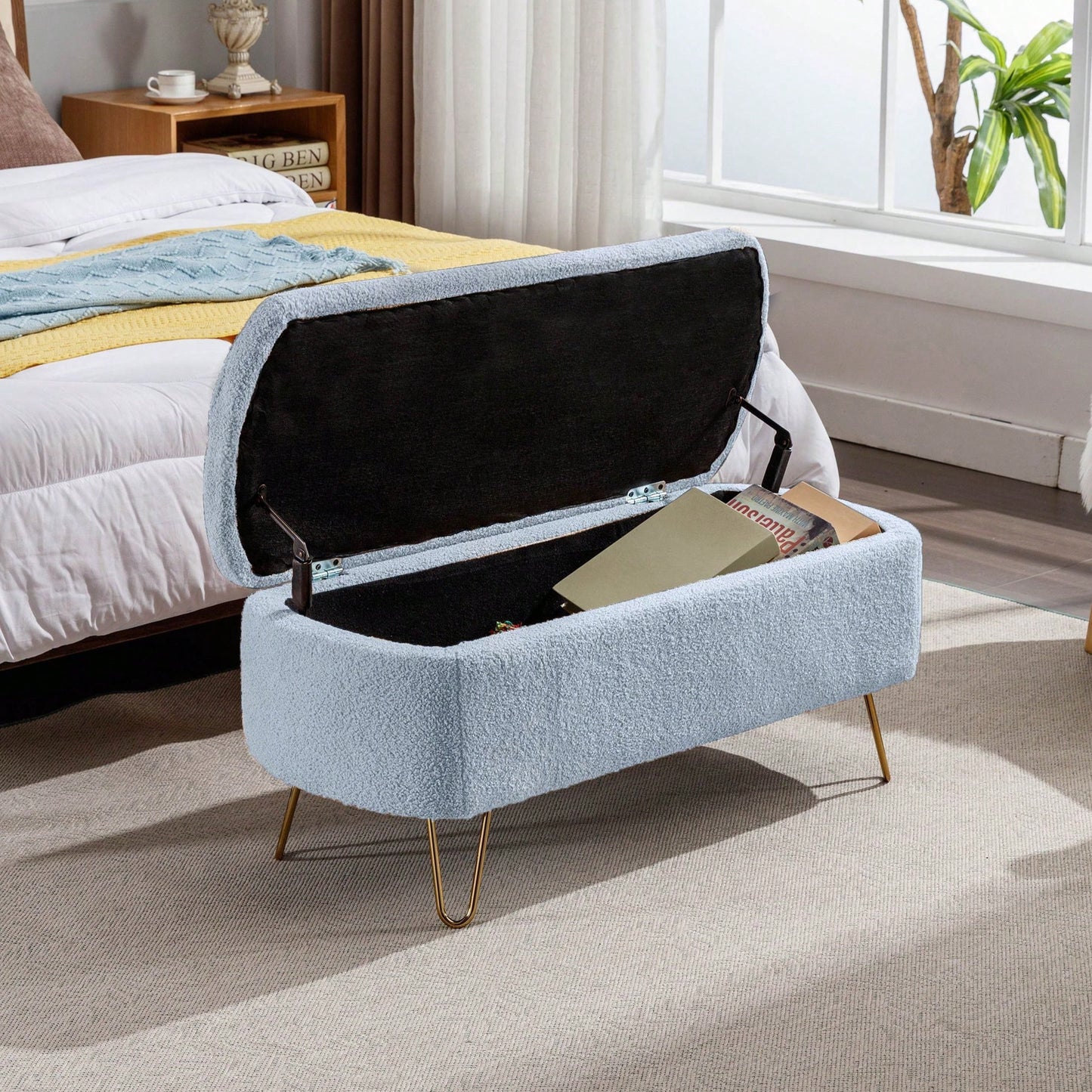 Storage Ottoman Bench For End Of Bed, Modern Grey Entryway Bench Upholstered Padded With Storage For Living Room Bedroom