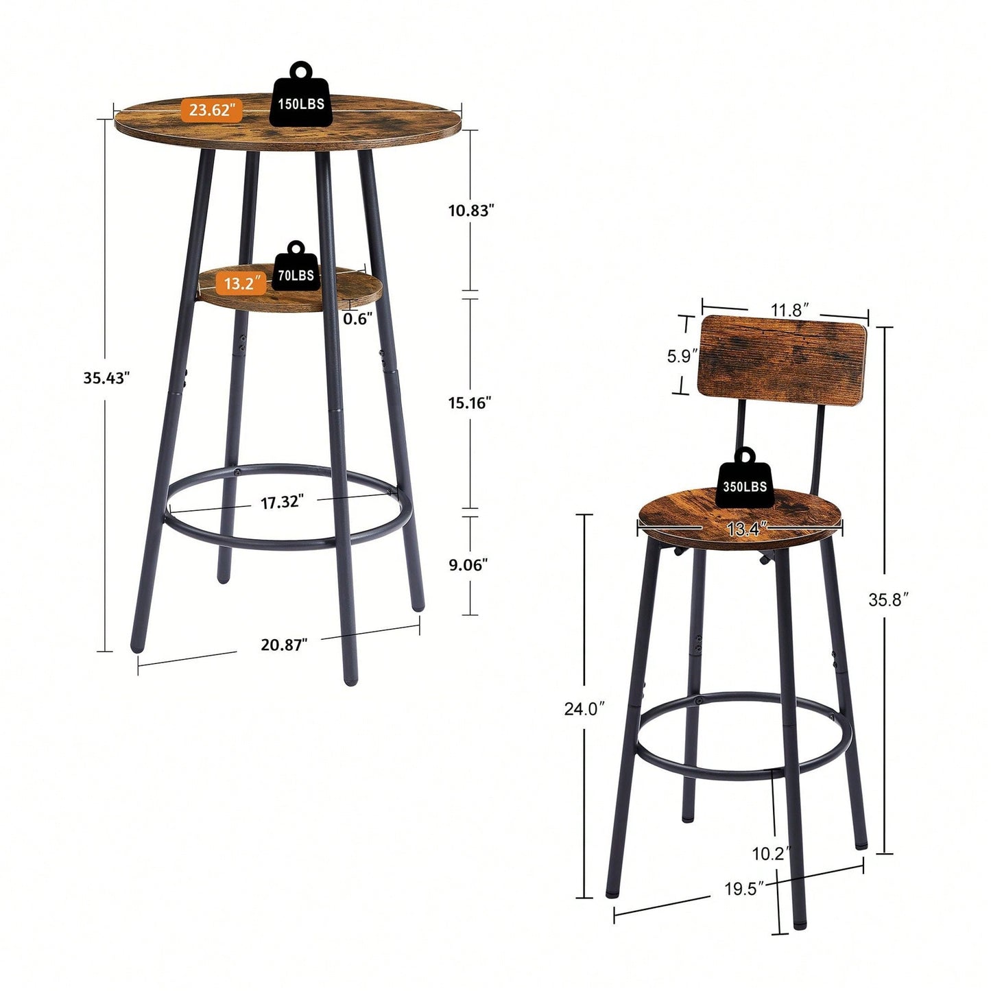 Round Bar Stool Set With Shelves, Rustic Brown, 23.6'' Dia X 35.4'' H