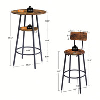 Round Bar Stool Set With Shelves, Rustic Brown, 23.6'' Dia X 35.4'' H