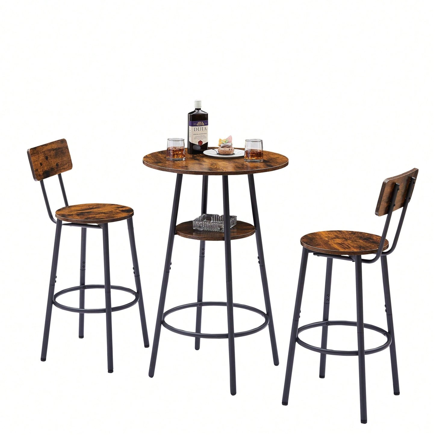 Round Bar Stool Set With Shelves, Rustic Brown, 23.6'' Dia X 35.4'' H