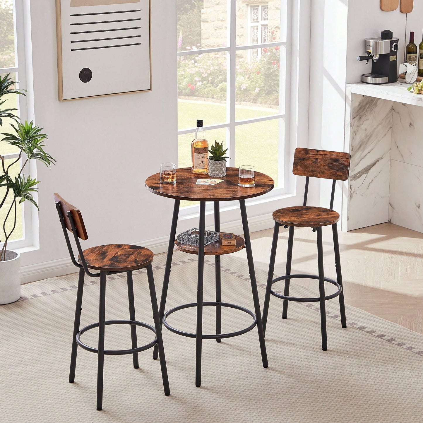 Round Bar Stool Set With Shelves, Rustic Brown, 23.6'' Dia X 35.4'' H