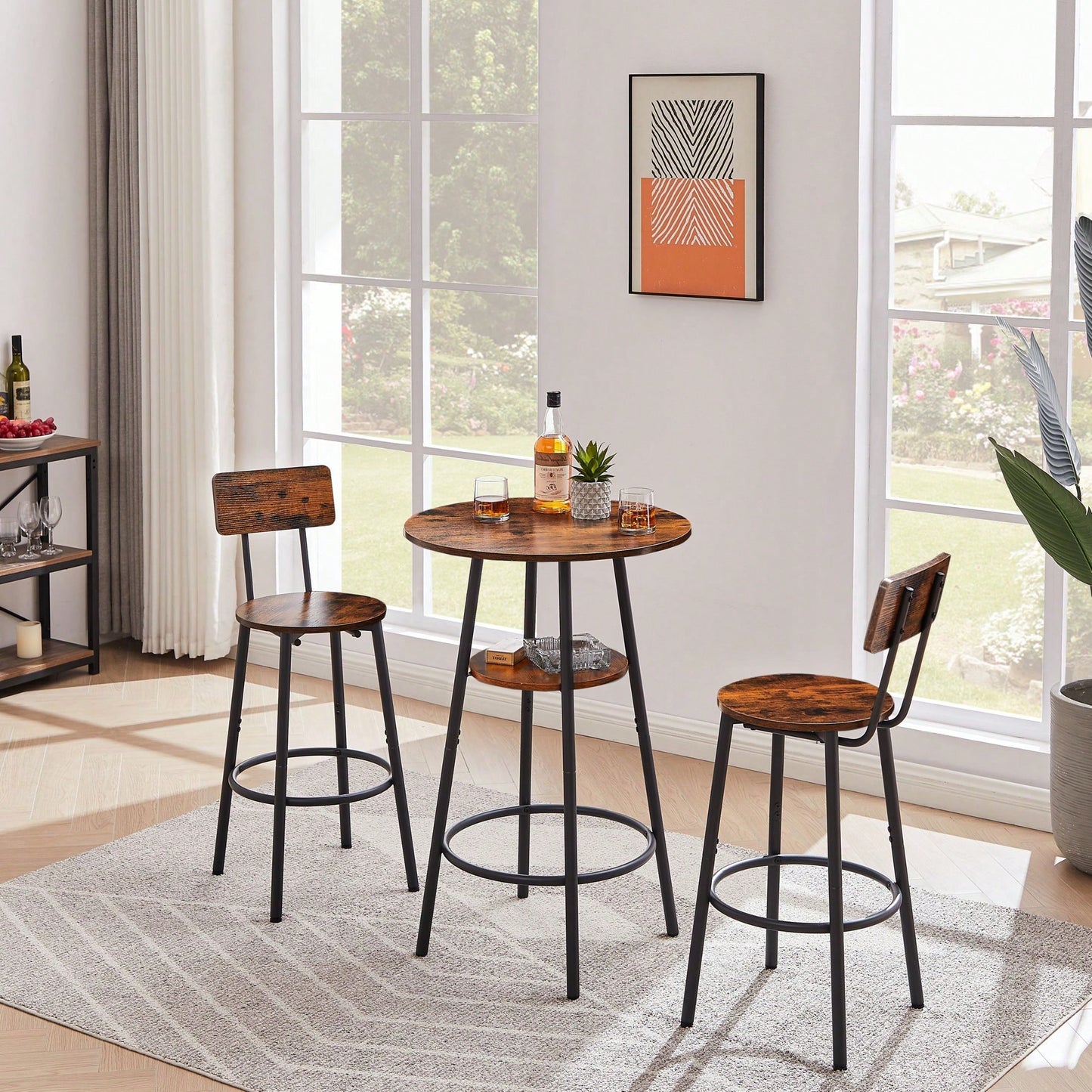 Round Bar Stool Set With Shelves, Rustic Brown, 23.6'' Dia X 35.4'' H