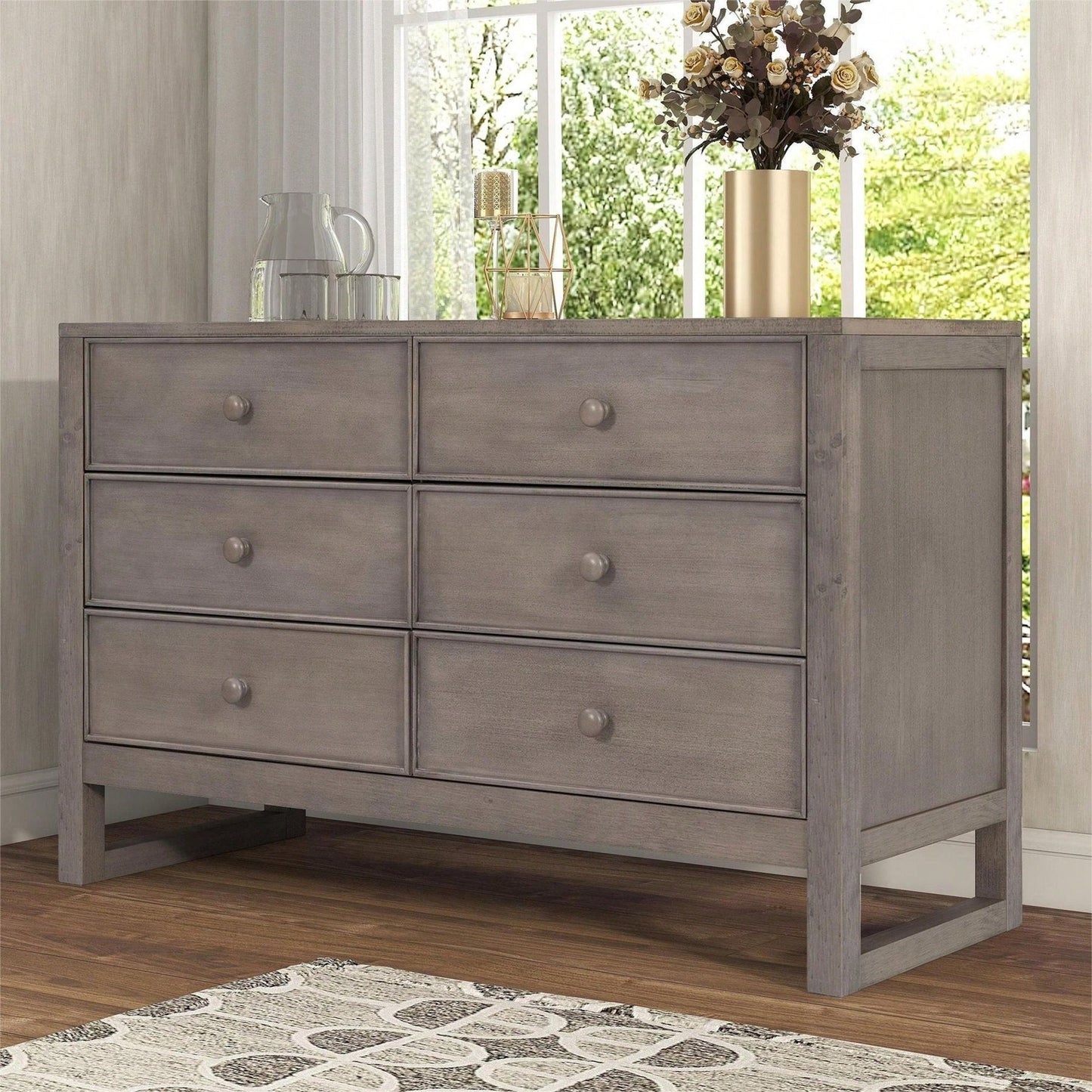 Rustic Wooden Dresser with 6 Drawers Antique White Storage Cabinet for Bedroom Furniture