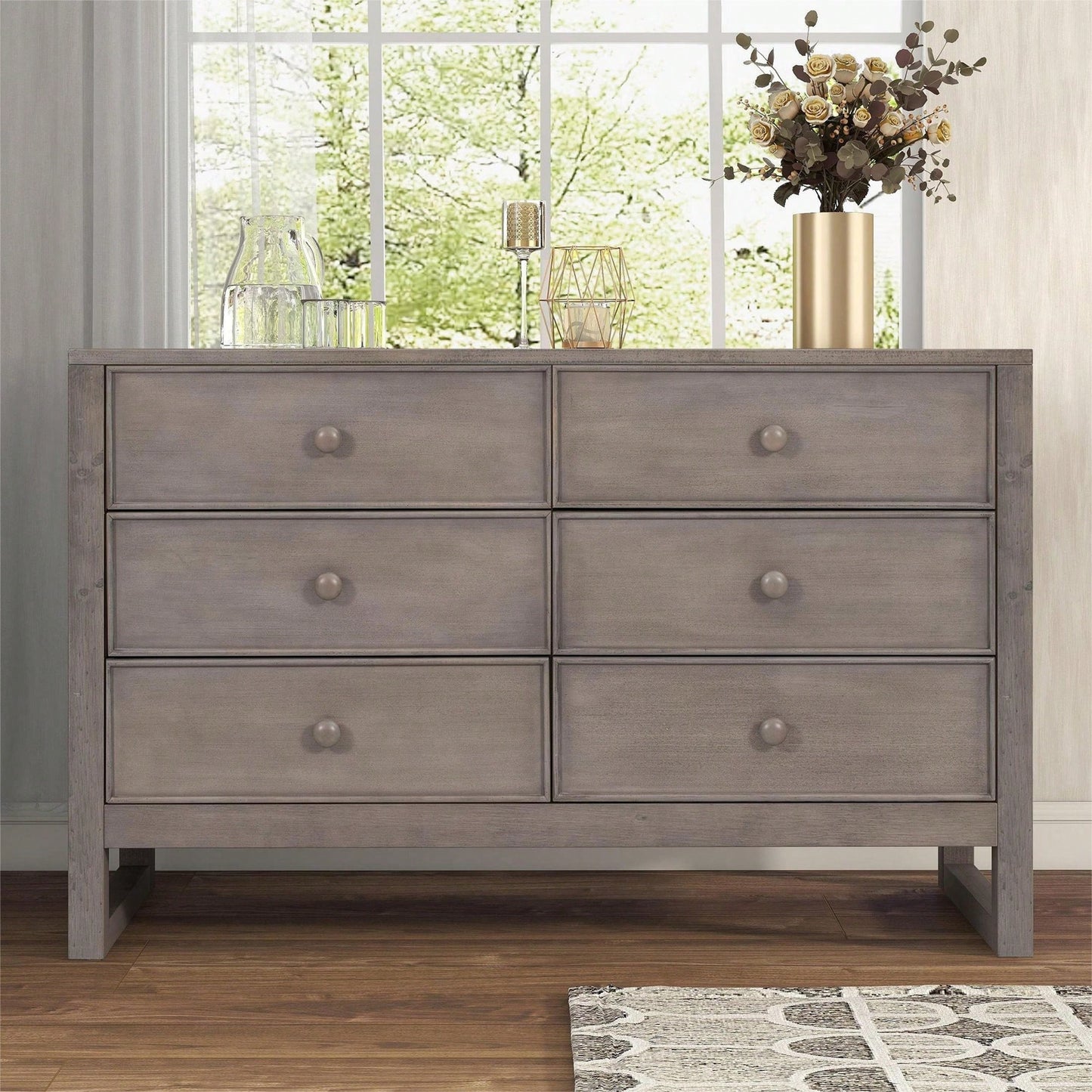 Rustic Wooden Dresser with 6 Drawers Antique White Storage Cabinet for Bedroom Furniture