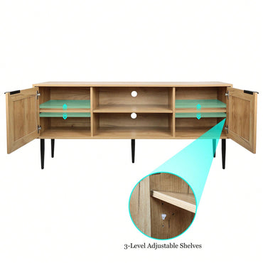 Natural Wooden TV Stand for 65 Inch TVs with Rattan Doors and Open Shelves Entertainment Unit