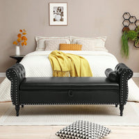63 Inch PU Upholstered Tufted Storage Bench with Safety Hinge and Nailhead Trim Solid Wood Legs