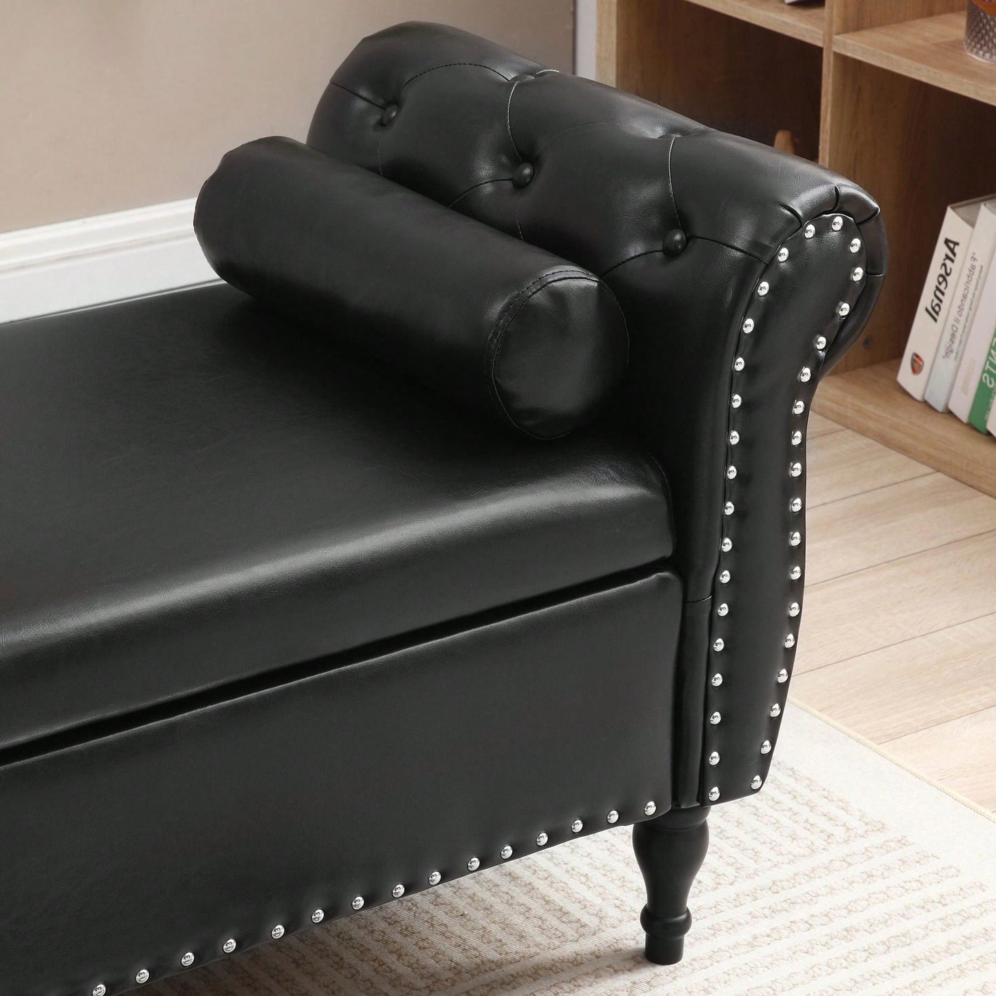 63 Inch PU Upholstered Tufted Storage Bench with Safety Hinge and Nailhead Trim Solid Wood Legs