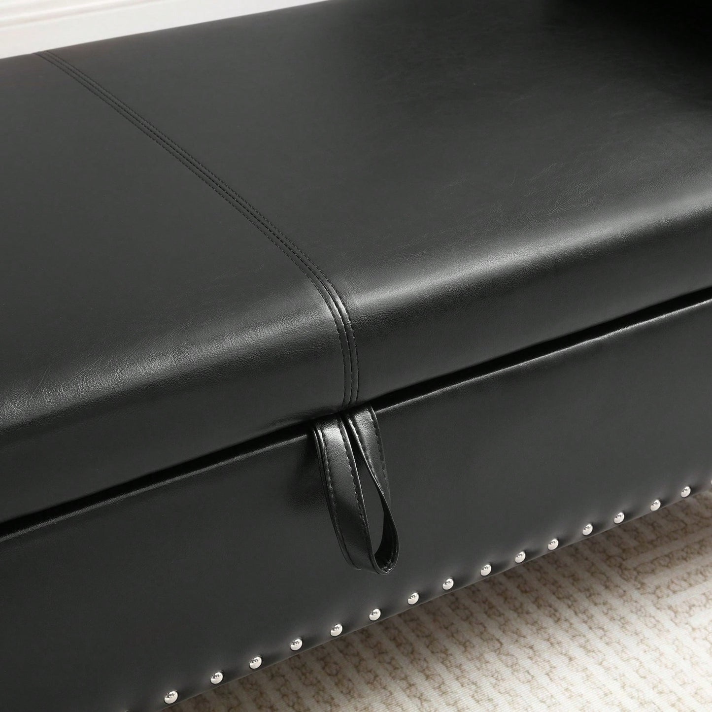 63 Inch PU Upholstered Tufted Storage Bench with Safety Hinge and Nailhead Trim Solid Wood Legs