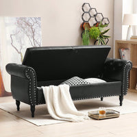 63 Inch PU Upholstered Tufted Storage Bench with Safety Hinge and Nailhead Trim Solid Wood Legs