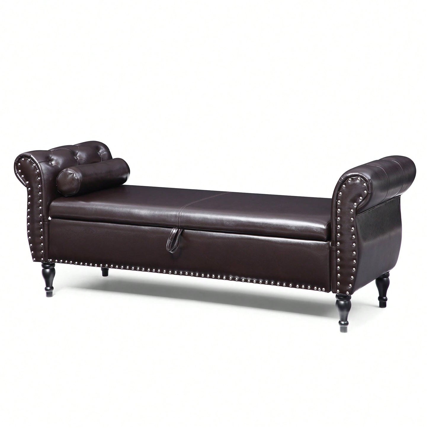 63 Inch PU Upholstered Tufted Storage Bench with Safety Hinge and Nailhead Trim Solid Wood Legs