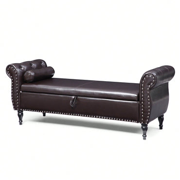 63 Inch PU Upholstered Tufted Storage Bench with Safety Hinge and Nailhead Trim Solid Wood Legs