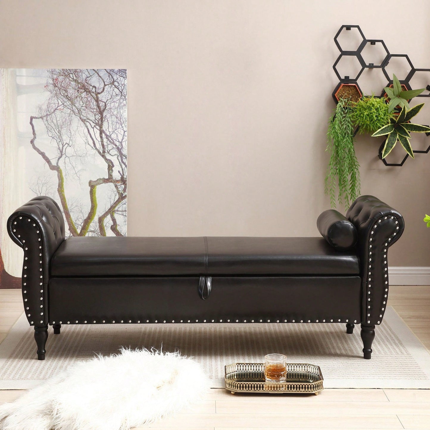 63 Inch PU Upholstered Tufted Storage Bench with Safety Hinge and Nailhead Trim Solid Wood Legs