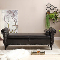 63 Inch PU Upholstered Tufted Storage Bench with Safety Hinge and Nailhead Trim Solid Wood Legs