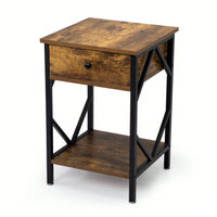 Industrial End Table With Drawer, Storage Shelf And Metal Frame For Living Room, Bedroom, Rustic Brown