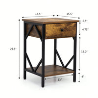 Industrial End Table With Drawer, Storage Shelf And Metal Frame For Living Room, Bedroom, Rustic Brown