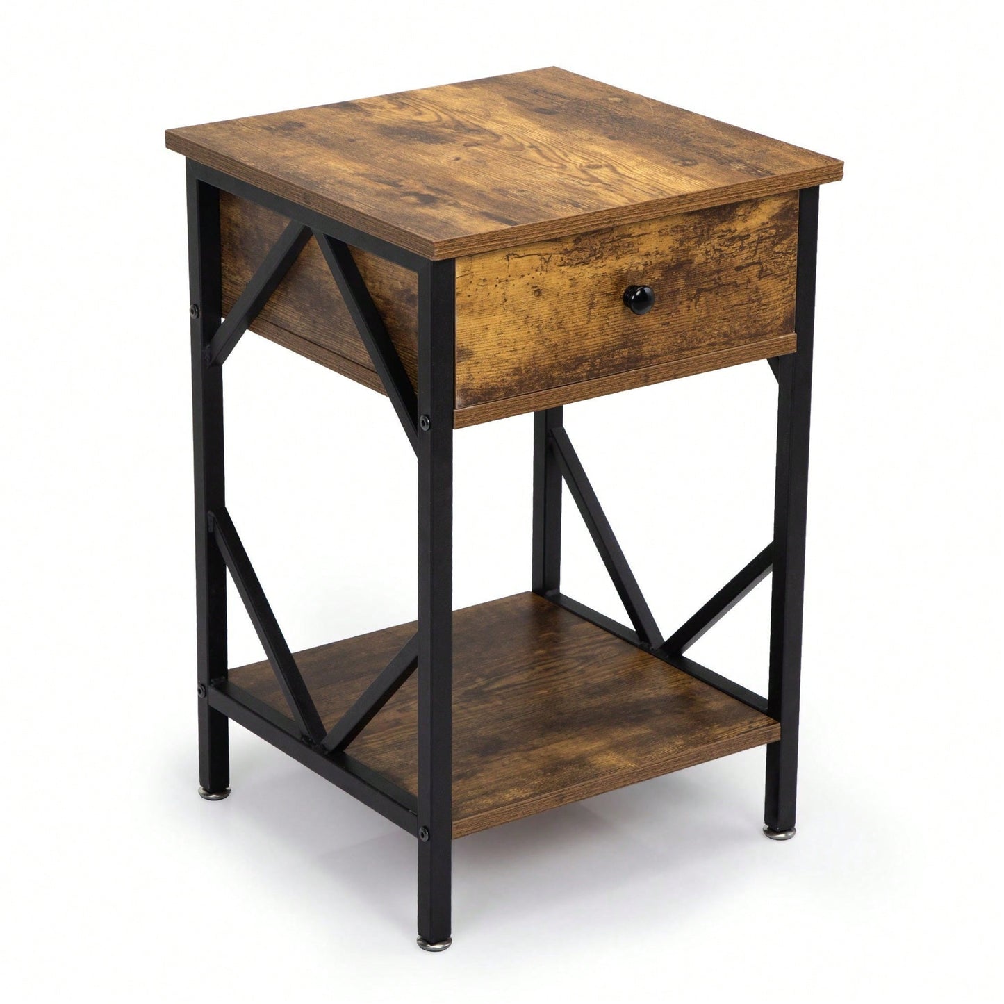 Industrial End Table With Drawer, Storage Shelf And Metal Frame For Living Room, Bedroom, Rustic Brown