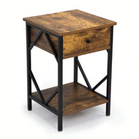 Industrial End Table With Drawer, Storage Shelf And Metal Frame For Living Room, Bedroom, Rustic Brown