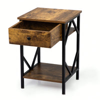 Industrial End Table With Drawer, Storage Shelf And Metal Frame For Living Room, Bedroom, Rustic Brown