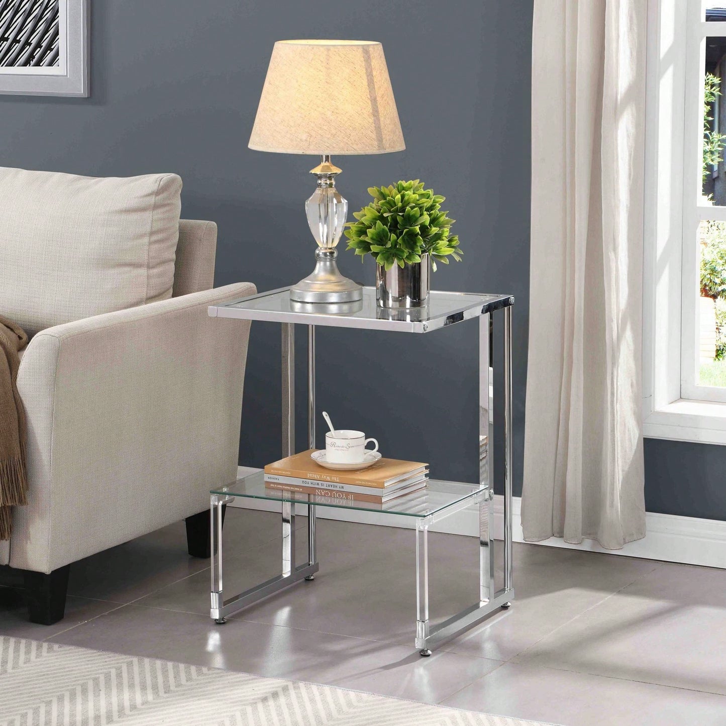 2-Tier Acrylic Glass End Table For Living Room&Bedroom