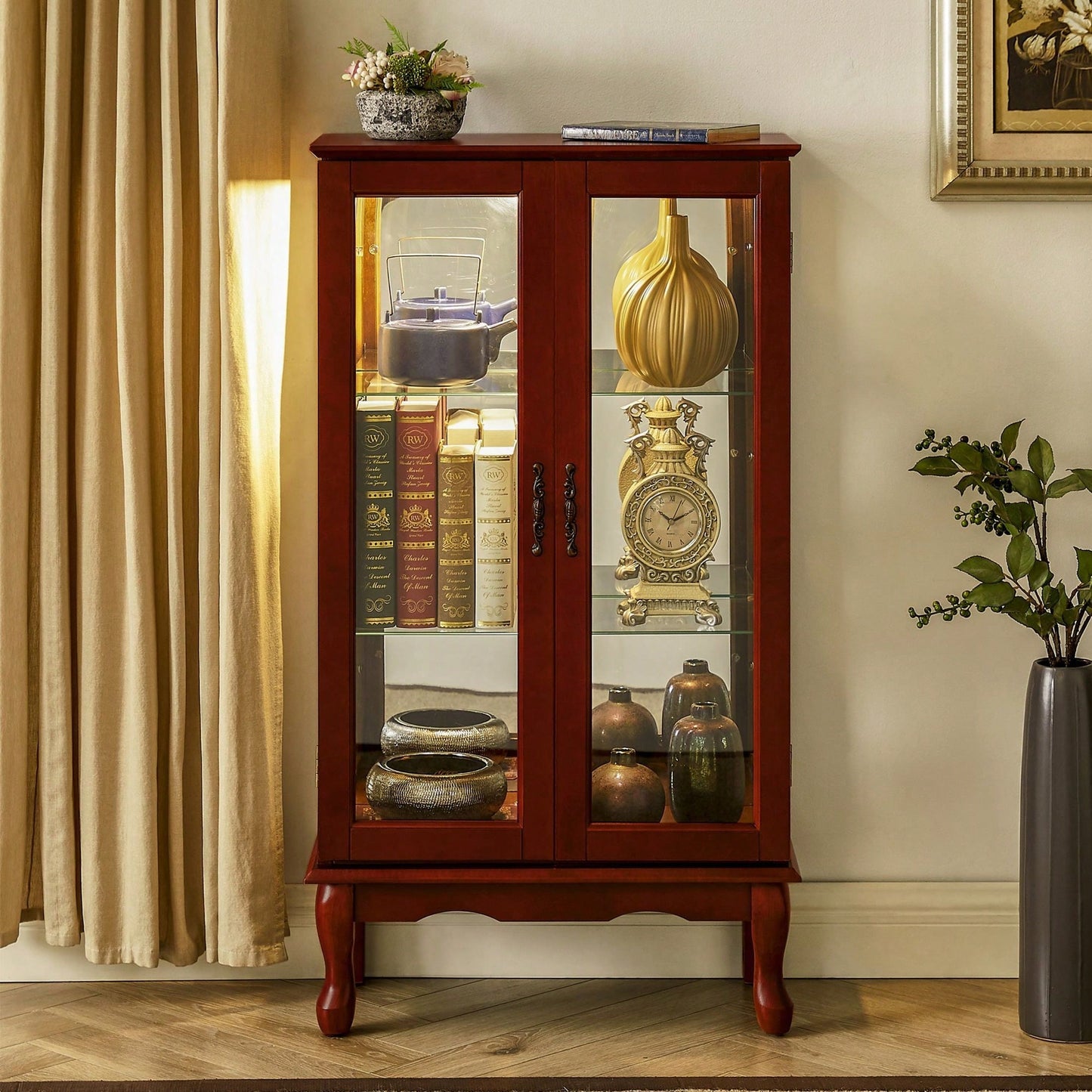 Lighted Curio Diapaly Cabinet With Adjustable Shelves And Mirrored Back Panel, Tempered Glass Doors ( 3 Tier)