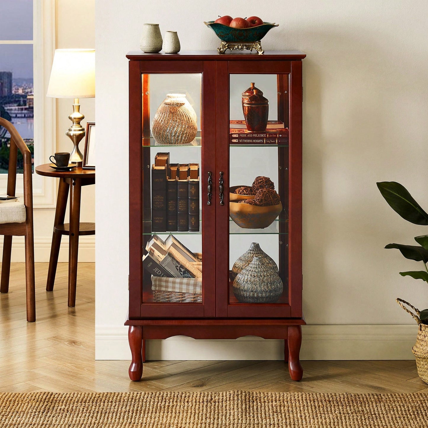 Lighted Curio Diapaly Cabinet With Adjustable Shelves And Mirrored Back Panel, Tempered Glass Doors ( 3 Tier)