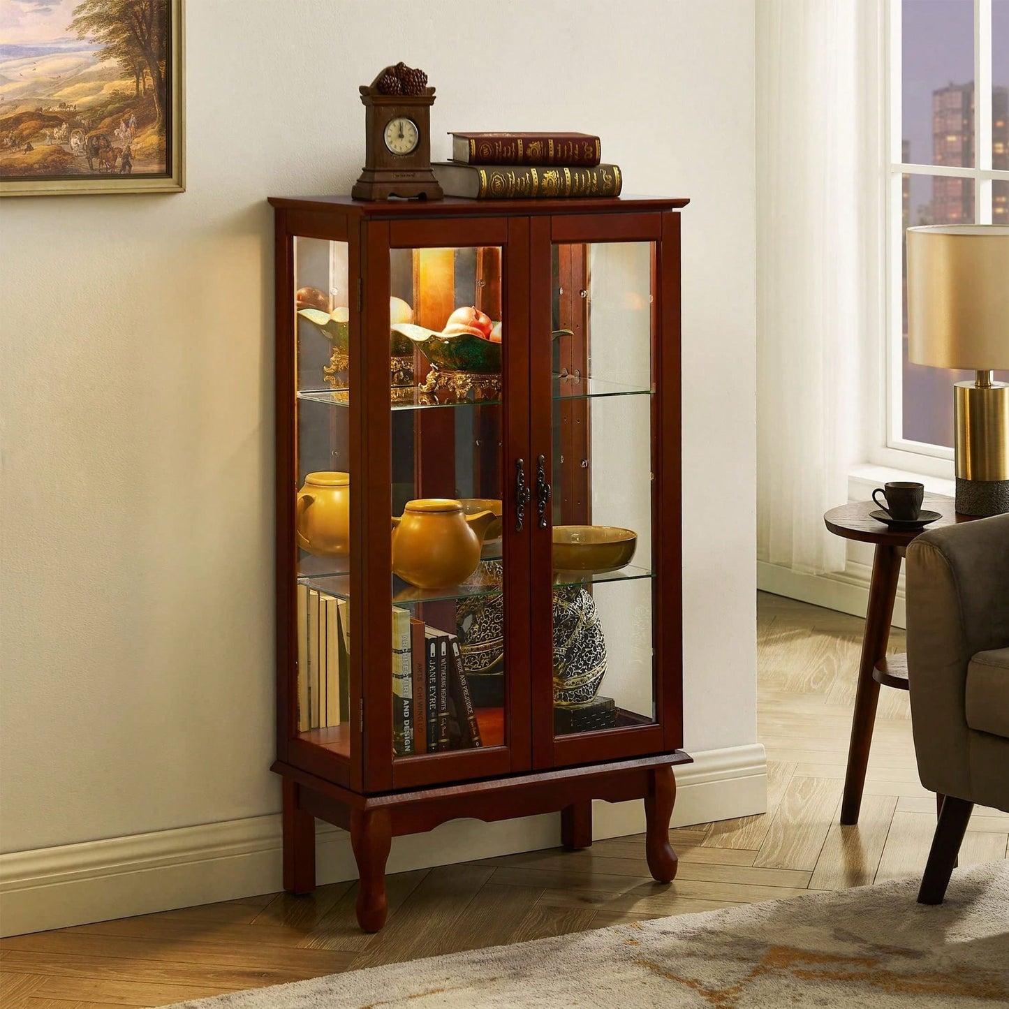 Lighted Curio Diapaly Cabinet With Adjustable Shelves And Mirrored Back Panel, Tempered Glass Doors ( 3 Tier)