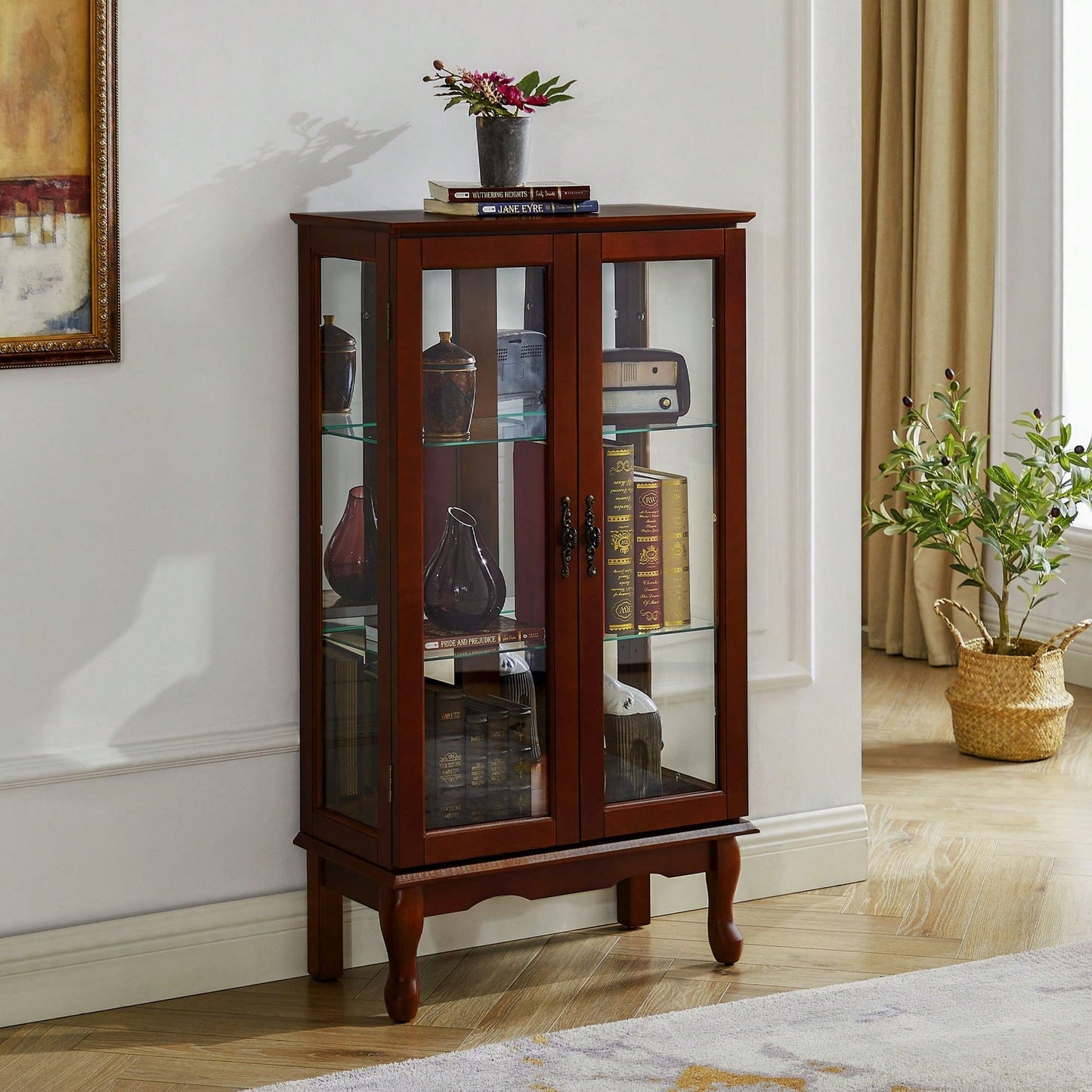 Lighted Curio Diapaly Cabinet With Adjustable Shelves And Mirrored Back Panel, Tempered Glass Doors ( 3 Tier)