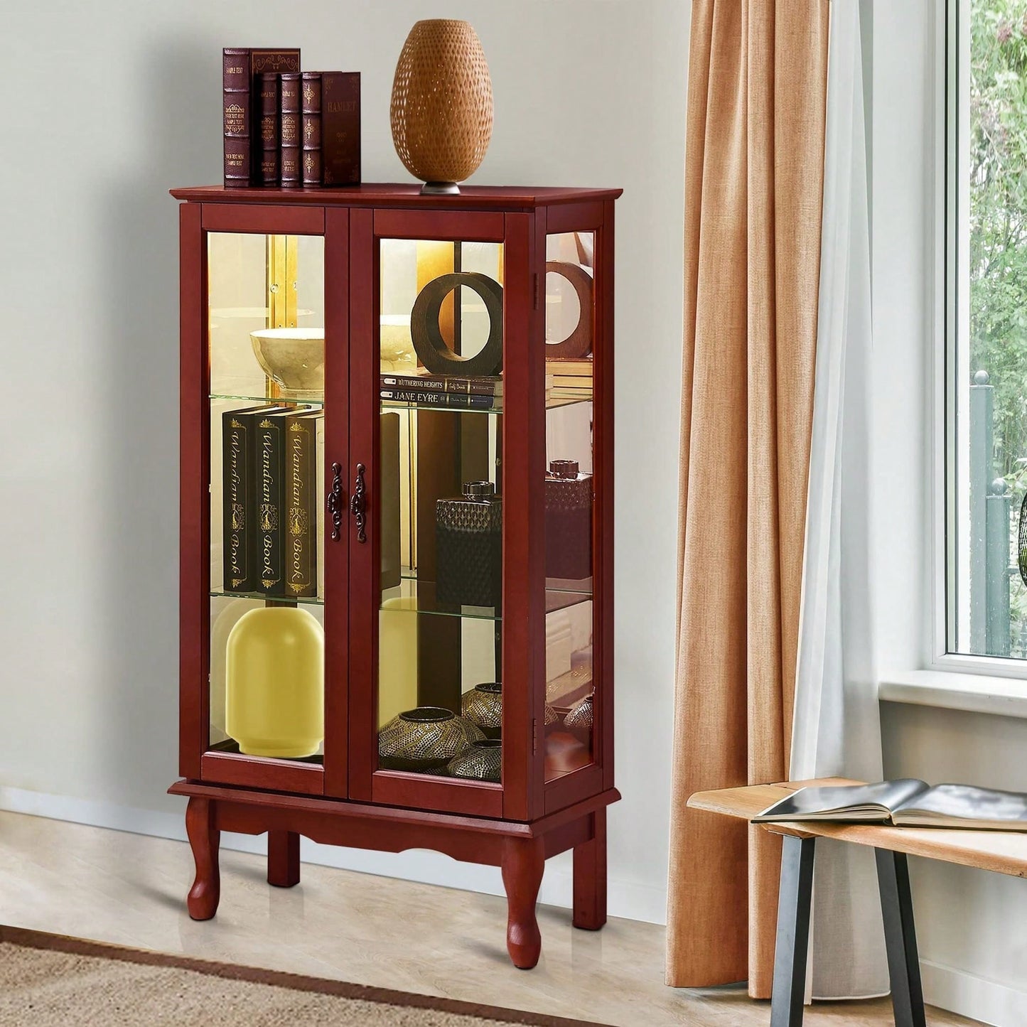 Lighted Curio Diapaly Cabinet With Adjustable Shelves And Mirrored Back Panel, Tempered Glass Doors ( 3 Tier)