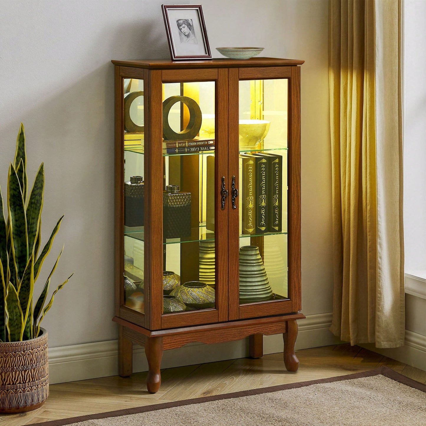 Lighted Curio Diapaly Cabinet With Adjustable Shelves And Mirrored Back Panel, Tempered Glass Doors ( 3 Tier)