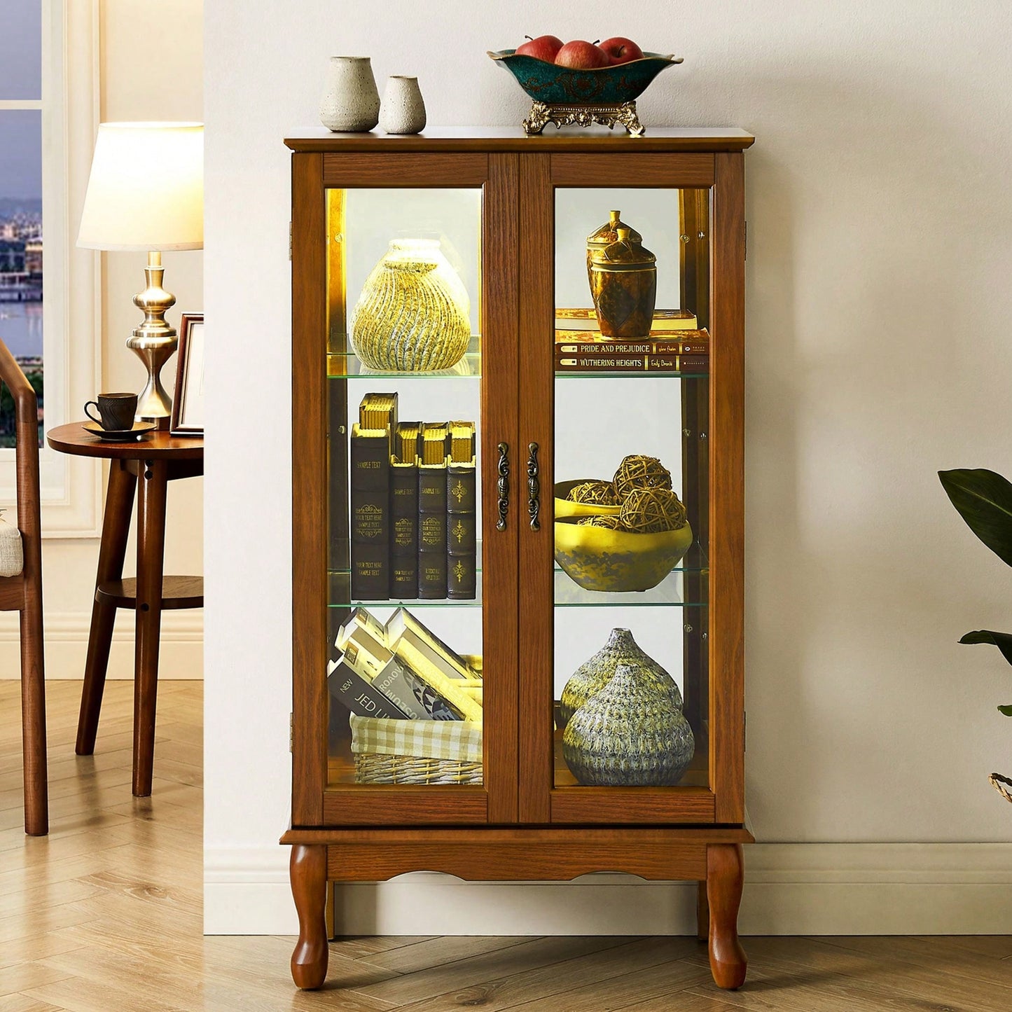 Lighted Curio Diapaly Cabinet With Adjustable Shelves And Mirrored Back Panel, Tempered Glass Doors ( 3 Tier)